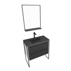 Meuble de salle de bain 80x50 cm Blanc - 2 tiroirs noir mat - vasque noire effet pierre - miroir LED 2
