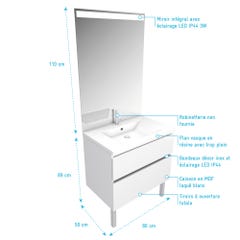 Meuble salle de bain 80 cm Laqué Blanc - 2 tiroirs - Vasque Résine Blanche et Miroir Led - MERELY 9