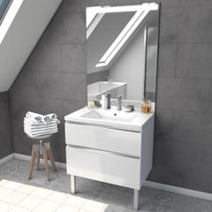 Meuble salle de bain 80 cm Laqué Blanc - 2 tiroirs - Vasque Résine Blanche et Miroir Led - MERELY 0