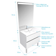 Meuble salle de bain 80 cm Laqué Blanc - 2 tiroirs - Vasque Résine Blanche et Miroir Led - MERELY 11