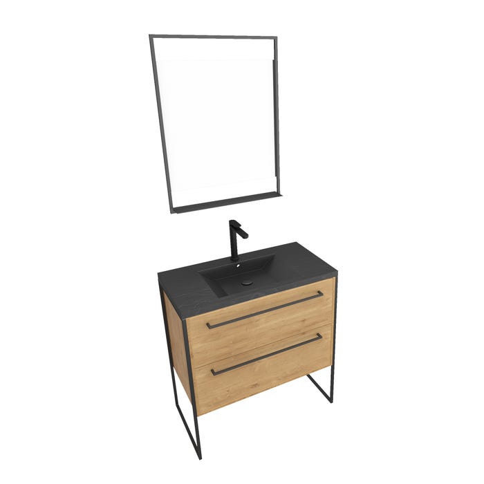 Meuble de salle de bain 80x50cm - 2 tiroirs chêne brun- vasque résine noire effet pierre - miroir 2