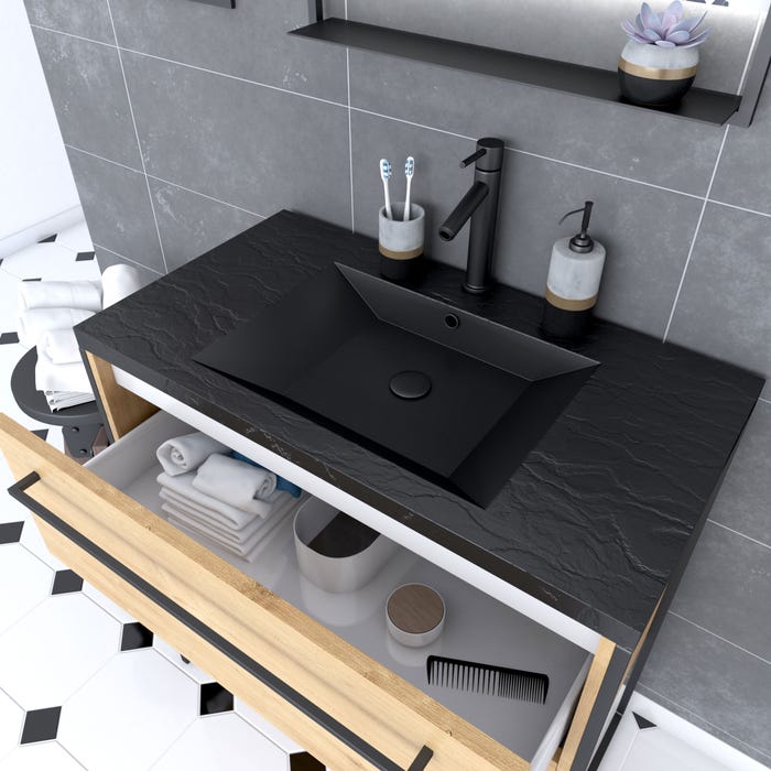 Meuble de salle de bain 80x50cm - 2 tiroirs chêne brun- vasque résine noire effet pierre - miroir 1
