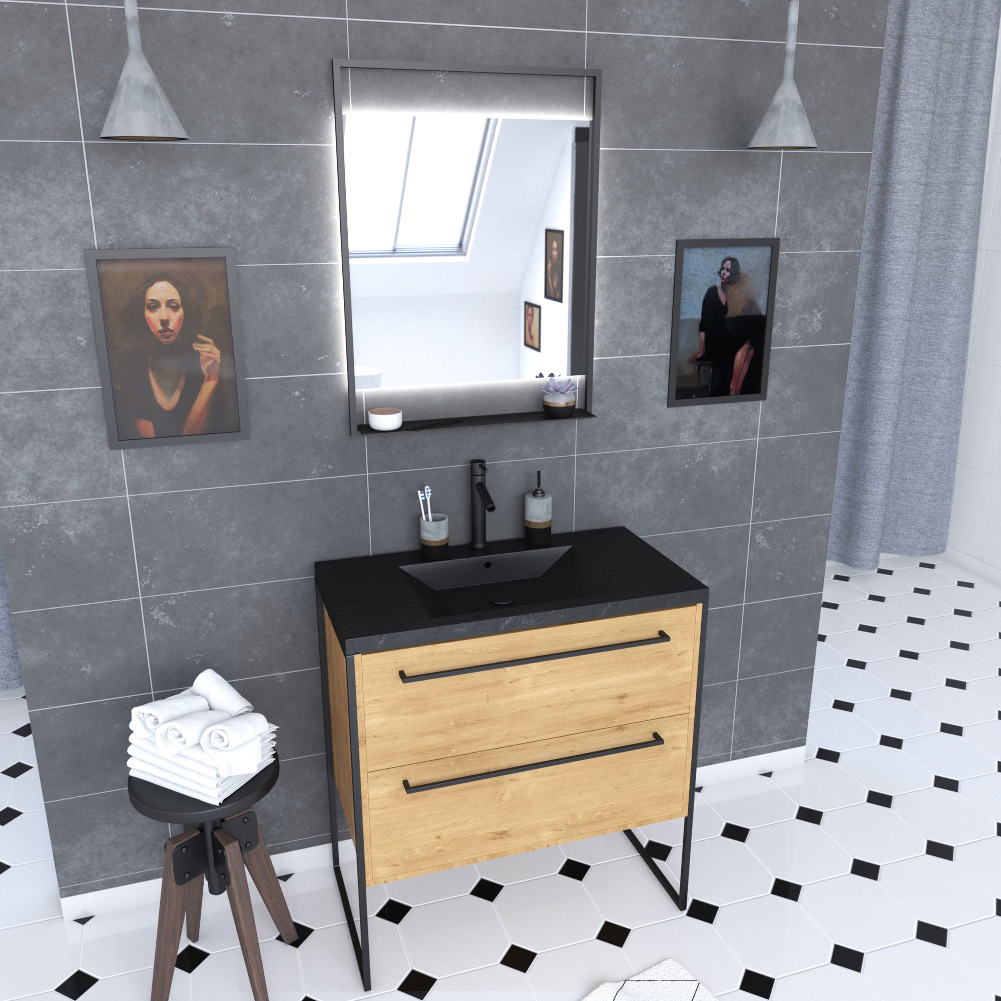 Meuble de salle de bain 80x50cm - 2 tiroirs chêne brun- vasque résine noire effet pierre - miroir 0