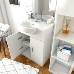 Ensemble de salle de bain blanc 60cm + vasque en céramique blanche + miroir LED + colonne 2 portes 1