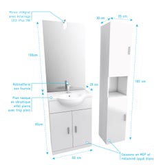 Ensemble de salle de bain blanc 60cm + vasque en céramique blanche + miroir LED + colonne 2 portes 3