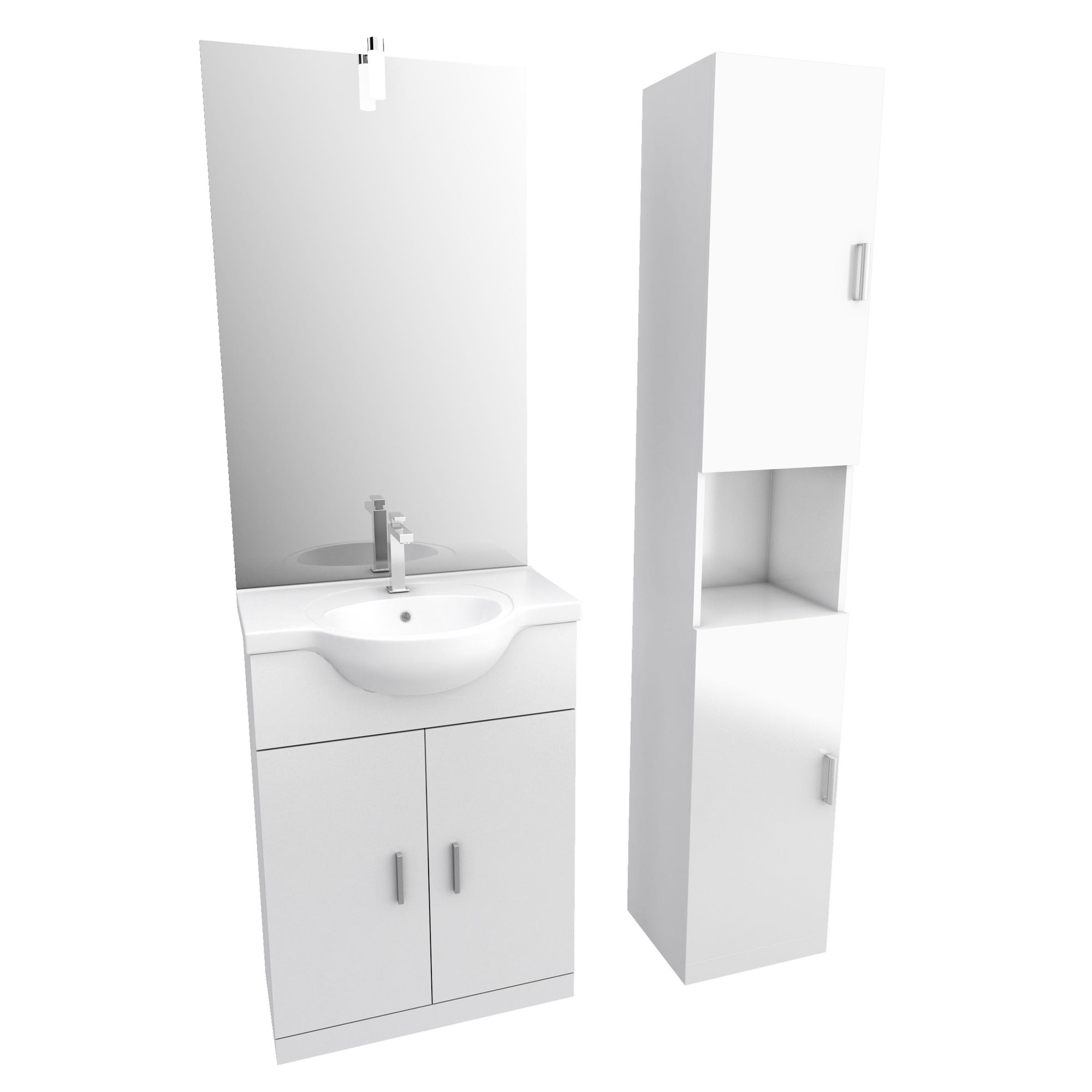 Ensemble de salle de bain blanc 60cm + vasque en céramique blanche + miroir LED + colonne 2 portes 2