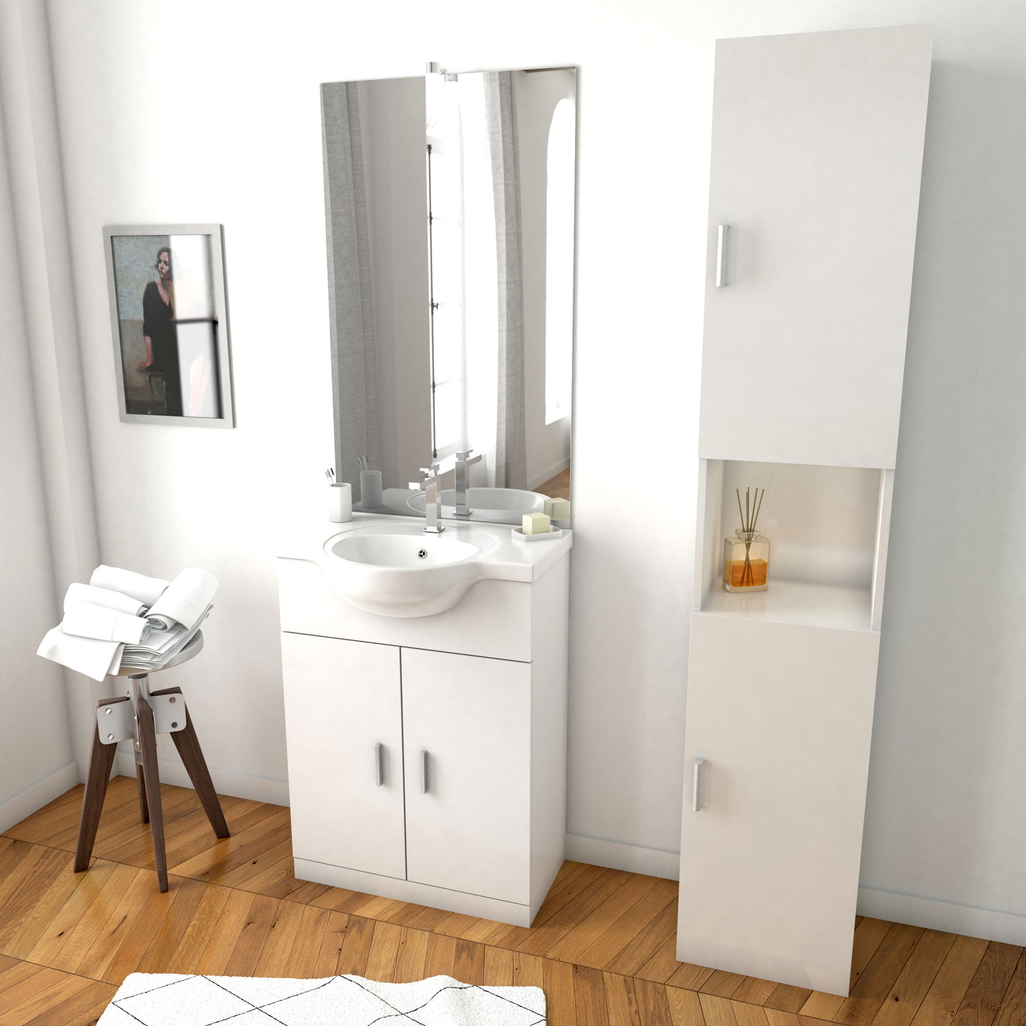 Ensemble de salle de bain blanc 60cm + vasque en céramique blanche + miroir LED + colonne 2 portes 0