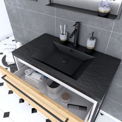 Meuble de salle de bain 80x50 cm + 2 tiroirs chêne naturel + vasque noir effet pierre + miroir led 1