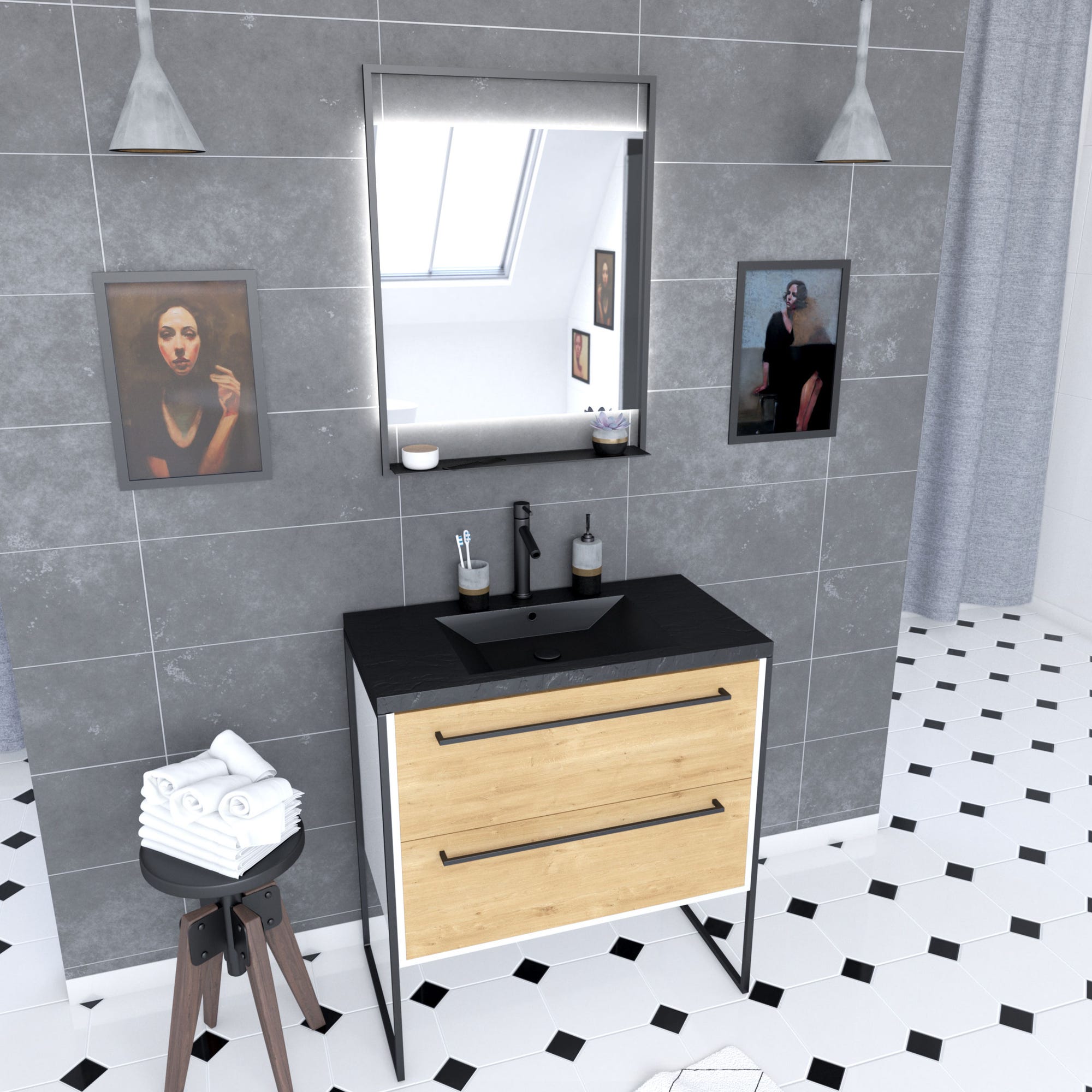 Meuble de salle de bain 80x50 cm + 2 tiroirs chêne naturel + vasque noir effet pierre + miroir led 0