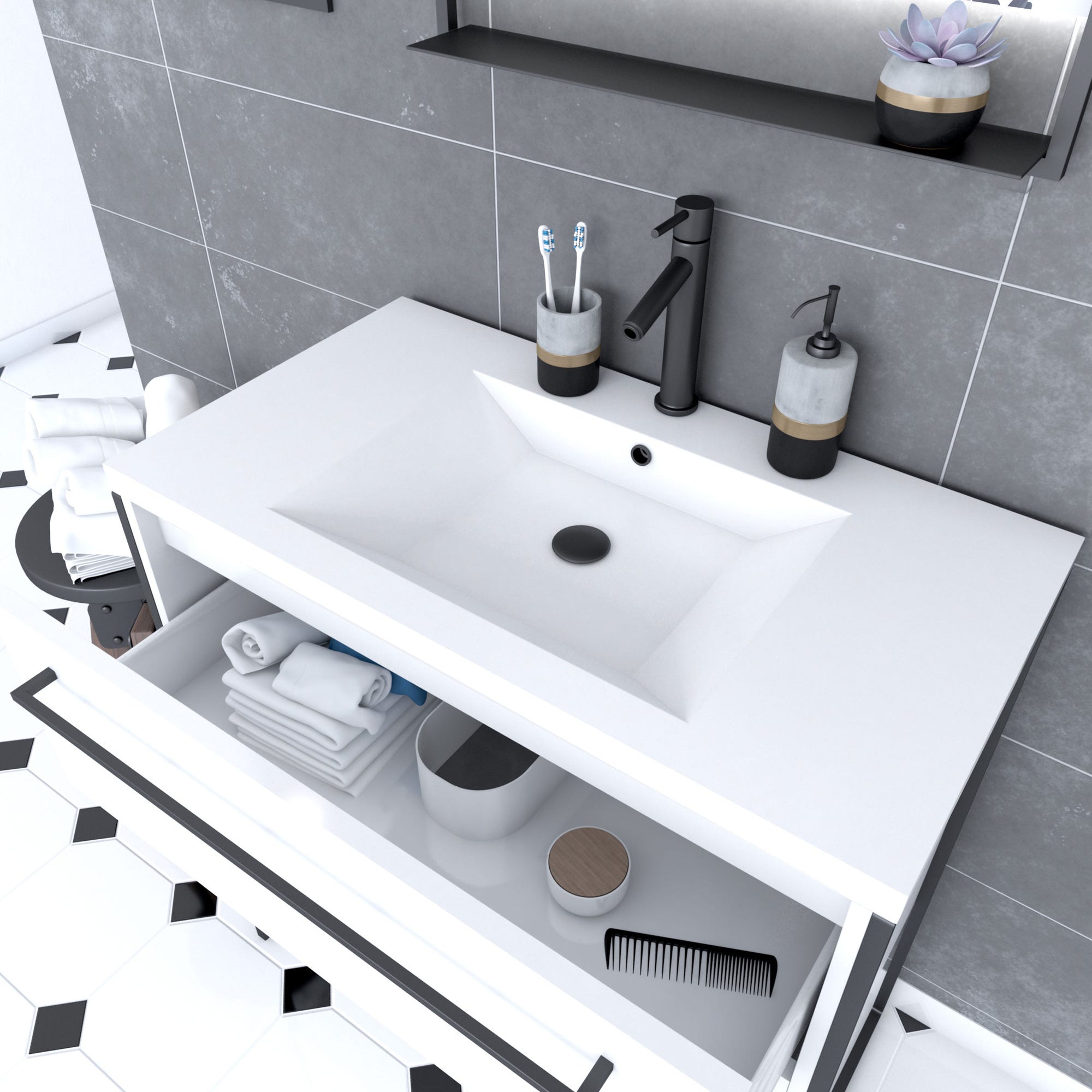 Meuble de salle de bain 80x50cm Blanc - 2 tiroirs - vasque resine blanche - pieds et poignées 1