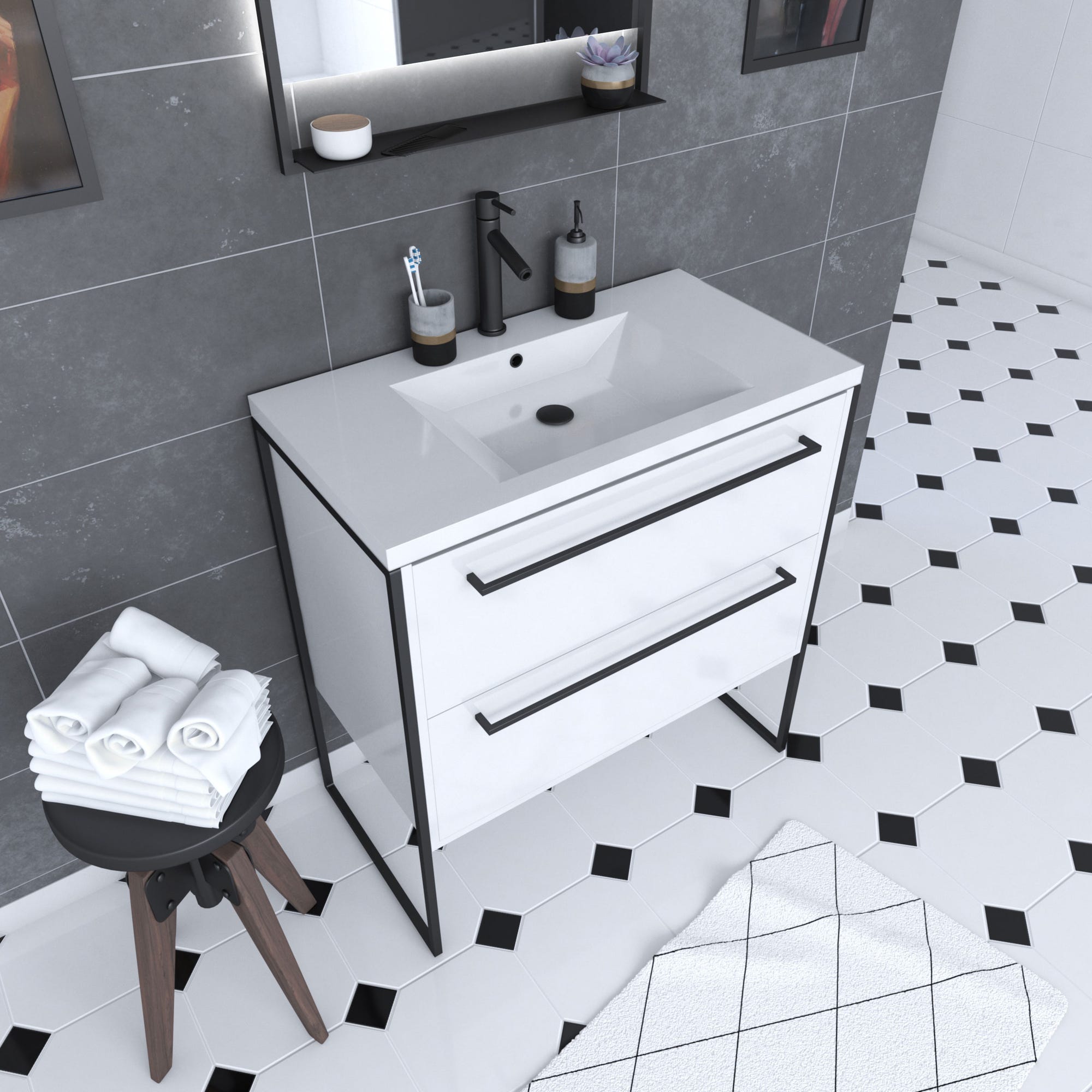 Meuble de salle de bain 80x50cm Blanc - 2 tiroirs - vasque resine blanche - pieds et poignées 0
