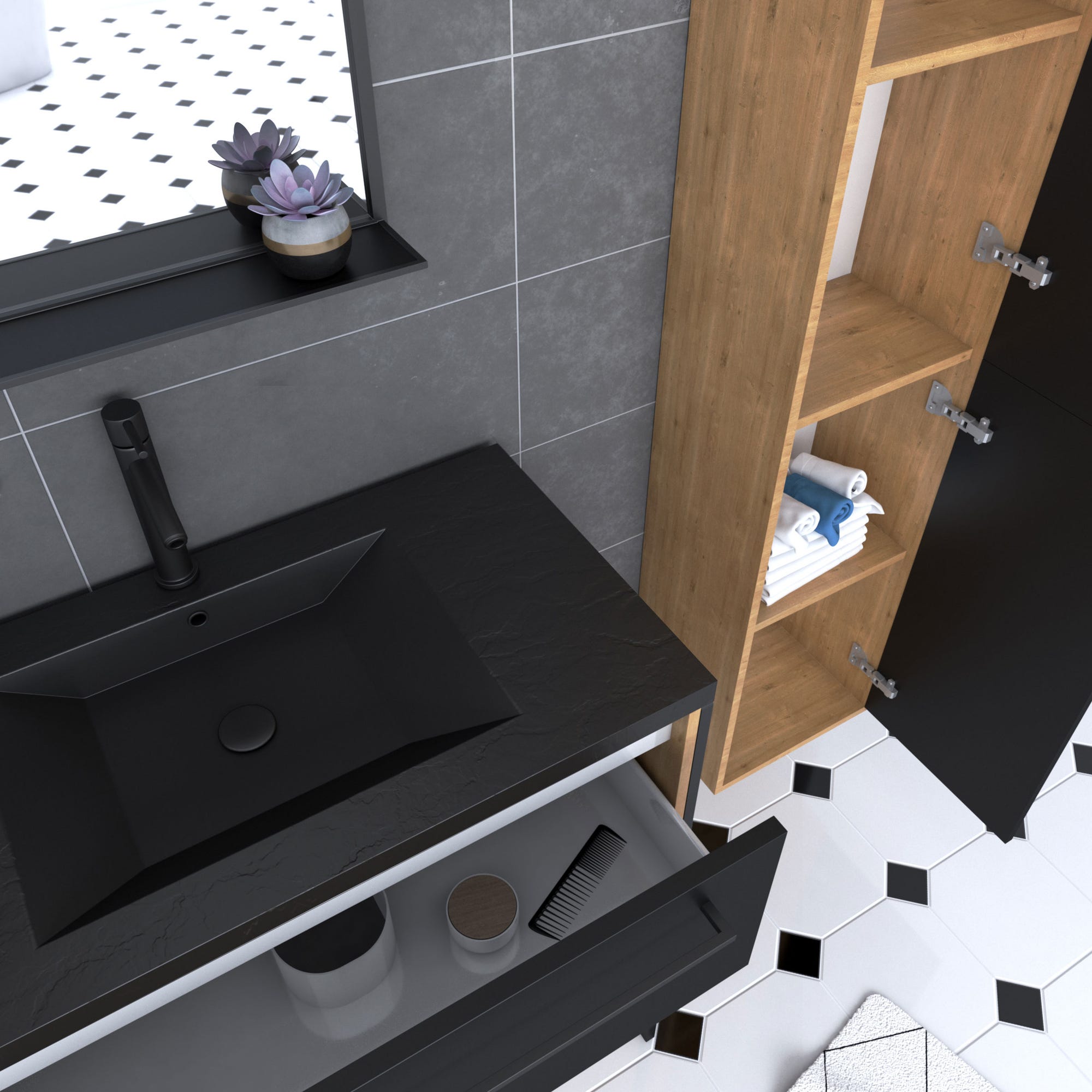 Meuble de salle de bain 80x50cm - vasque noir effet pierre -tiroirs noir mat + colonne + mirroir 1
