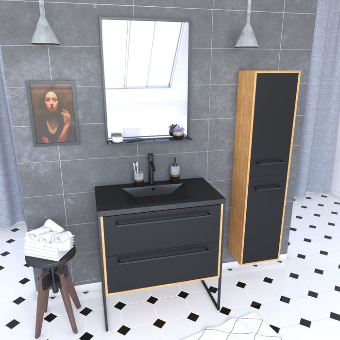 Meuble de salle de bain 80x50cm - vasque noir effet pierre -tiroirs noir mat + colonne + mirroir 0