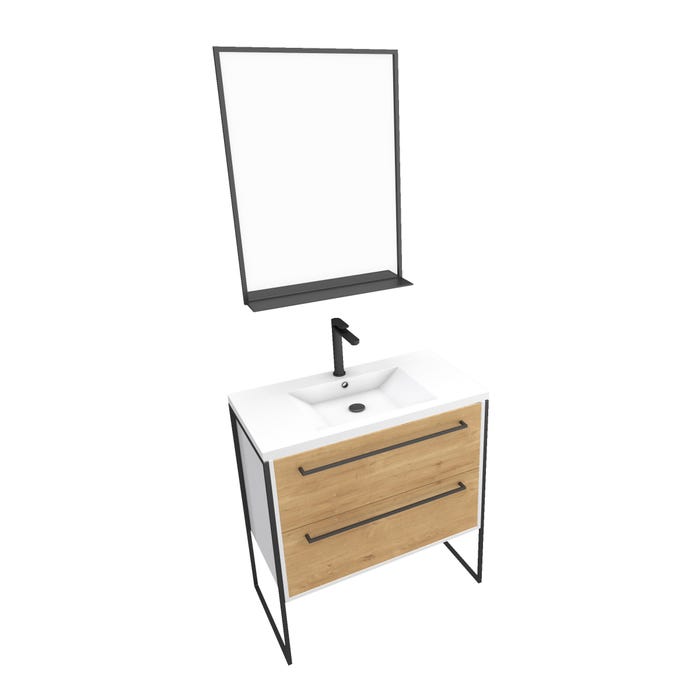Pack meuble de salle de bain 80x50cm Blanc - 2 tiroirs blanc - vasque blanche + miroir noir mat 2