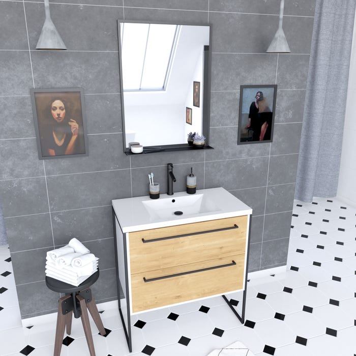 Pack meuble de salle de bain 80x50cm Blanc - 2 tiroirs blanc - vasque blanche + miroir noir mat 0