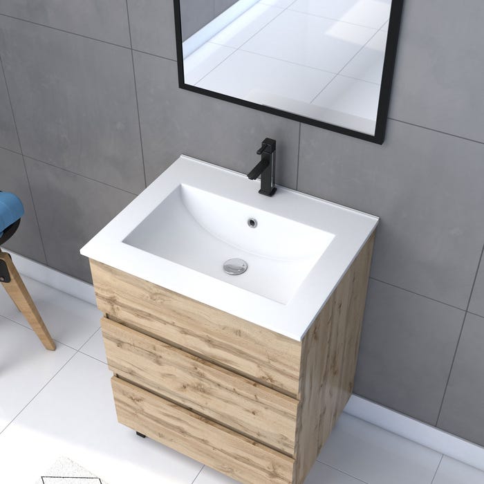 Meuble salle de bain 60 x 80 - Finition chene naturel + vasque blanche + miroir - TIMBER 60 - Pack15 1