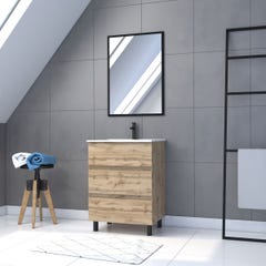 Meuble salle de bain 60 x 80 - Finition chene naturel + vasque blanche + miroir - TIMBER 60 - Pack15 0
