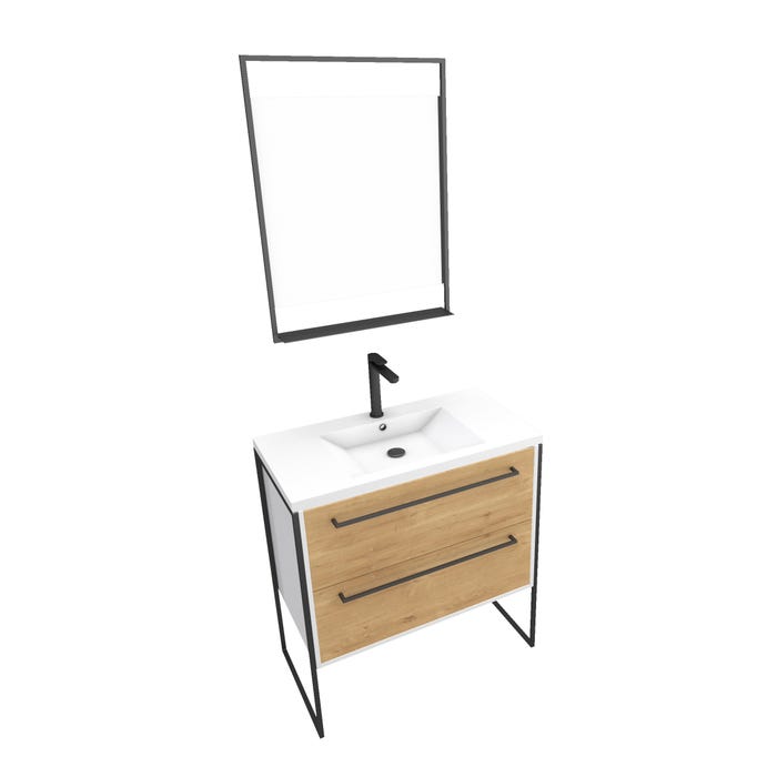 Pack meuble de salle de bain 80x50 cm Blanc - 2 tiroirs blanc - vasque blanche - miroir à led 2