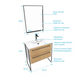 Pack meuble de salle de bain 80x50 cm Blanc - 2 tiroirs blanc - vasque blanche - miroir à led 3