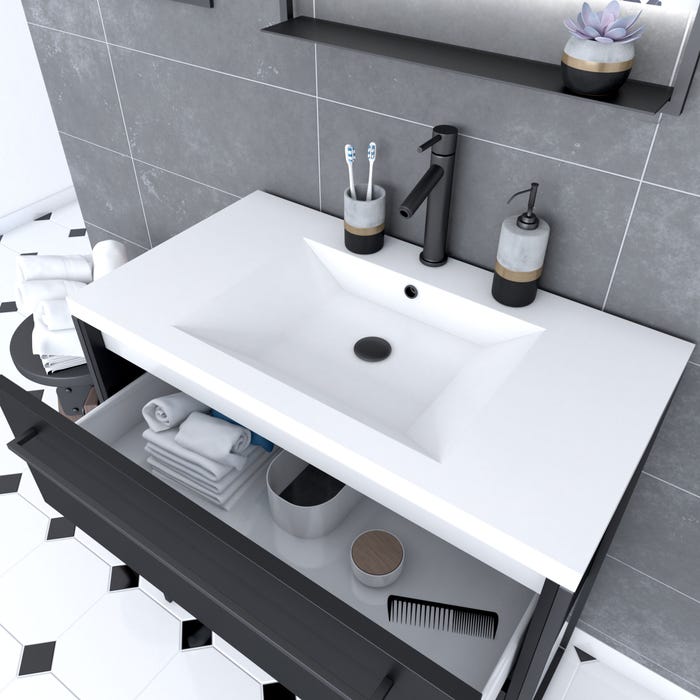 Pack Meuble de salle de bain 80x50 cm NOIR MAT - 2 tiroirs Noir mat - vasque blanche + miroir LED 1