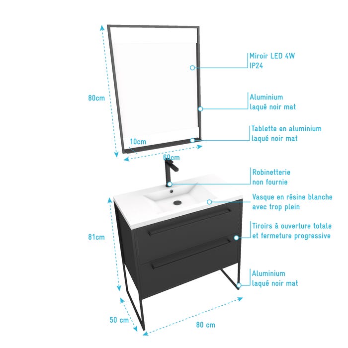 Pack Meuble de salle de bain 80x50 cm NOIR MAT - 2 tiroirs Noir mat - vasque blanche + miroir LED 3