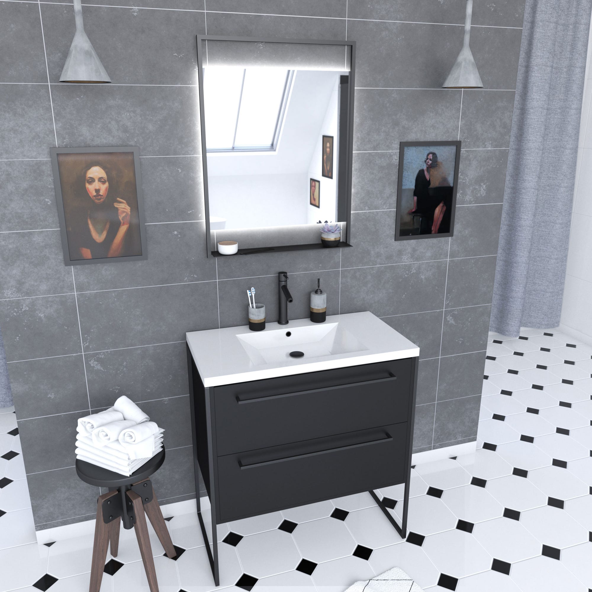 Pack Meuble de salle de bain 80x50 cm NOIR MAT - 2 tiroirs Noir mat - vasque blanche + miroir LED 0