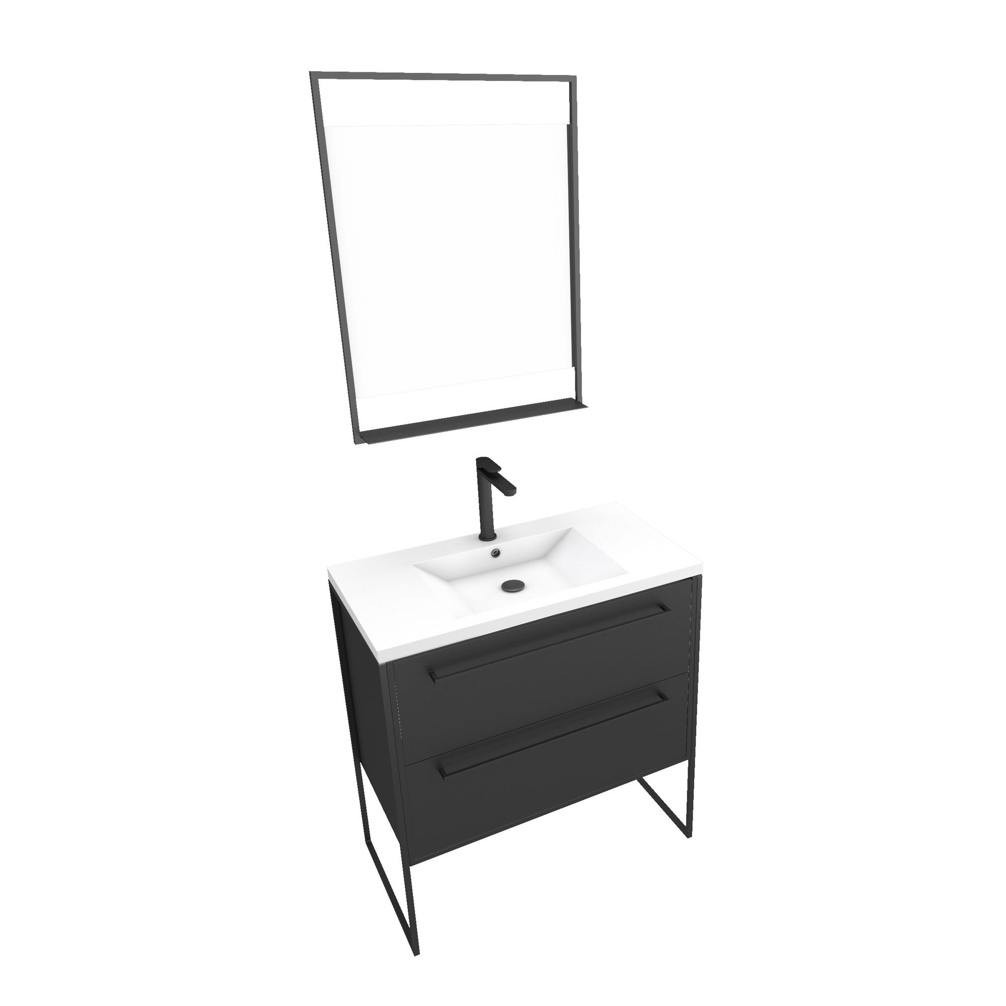 Pack Meuble de salle de bain 80x50 cm NOIR MAT - 2 tiroirs Noir mat - vasque blanche + miroir LED 2