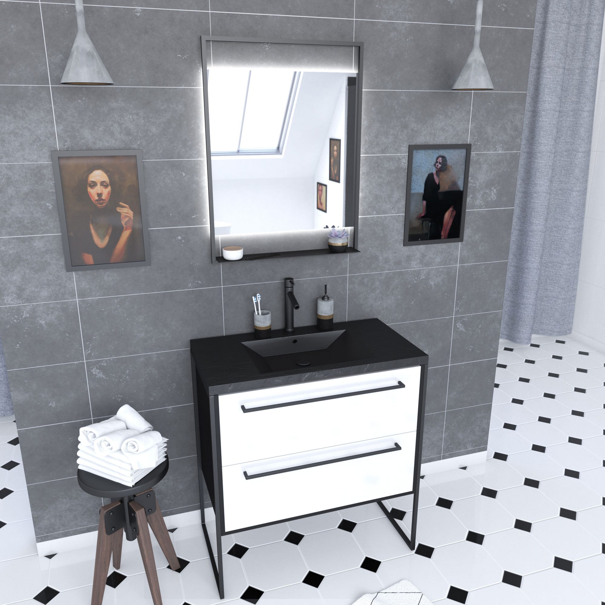 Pack Meuble de salle de bain 80x50 cm - 2 tiroirs - vasque résine noire effet pierre + miroir LED 0