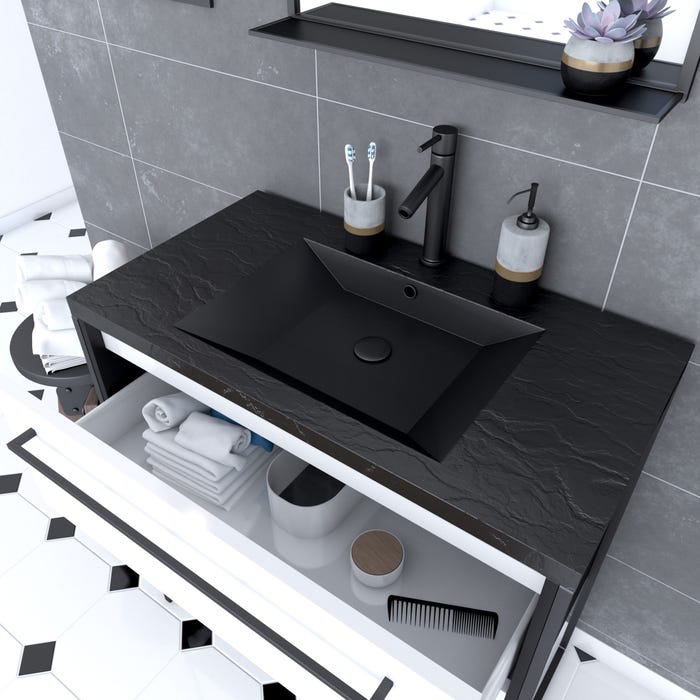 Pack Meuble de salle de bain 80x50 cm - 2 tiroirs - vasque résine noire effet pierre + miroir LED 1