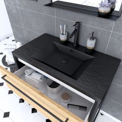 Meuble de salle de bain 80x50 cm NOIR MAT - 2 tiroirs - vasque résine noire effet pierre + miroir 1