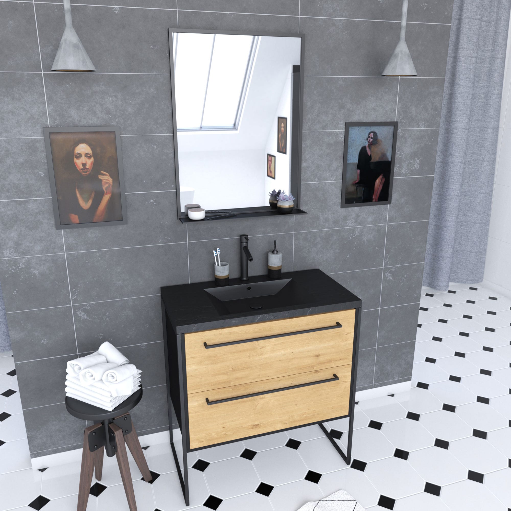 Meuble de salle de bain 80x50 cm NOIR MAT - 2 tiroirs - vasque résine noire effet pierre + miroir 0