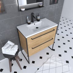 Meuble de salle de bain 80x50cm - vasque blanche 80x50cm - 2 tiroirs finition chêne naturel 0