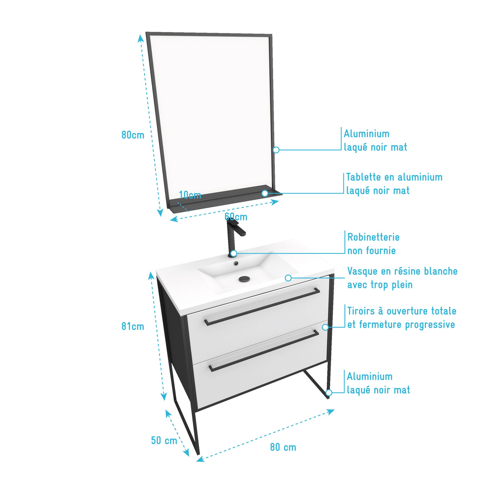 Pack meuble de salle de bain 80x50 cm - 2 tiroirs blanc - vasque blanche + miroir noir mat 3