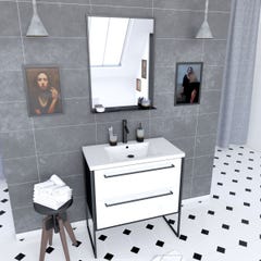 Pack meuble de salle de bain 80x50 cm - 2 tiroirs blanc - vasque blanche + miroir noir mat 0