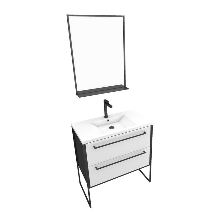 Pack meuble de salle de bain 80x50 cm - 2 tiroirs blanc - vasque blanche + miroir noir mat 2