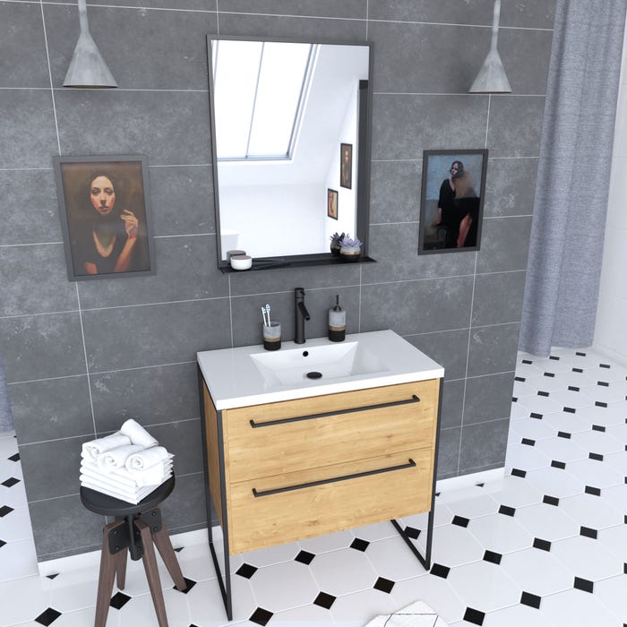Meuble de salle de bain 80x50cm - vasque blanche - 2 tiroirs finition chêne naturel + miroir 0
