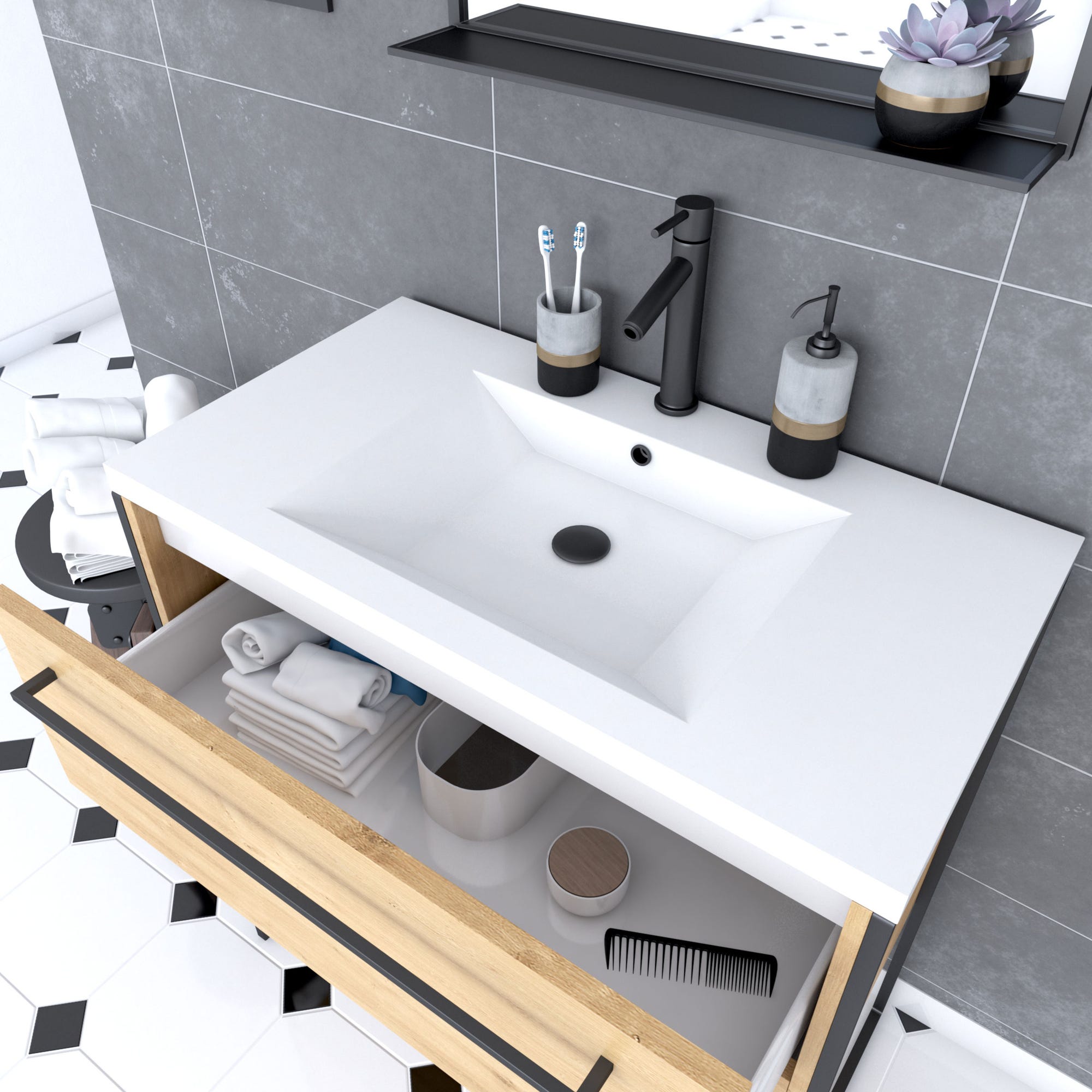 Meuble de salle de bain 80x50cm - vasque blanche - 2 tiroirs finition chêne naturel + miroir 1