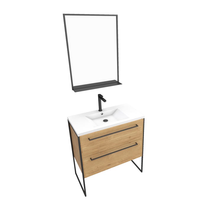 Meuble de salle de bain 80x50cm - vasque blanche - 2 tiroirs finition chêne naturel + miroir 2