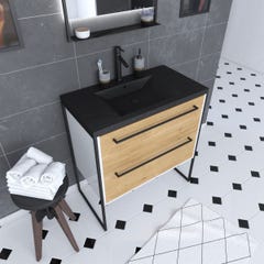 Meuble de salle de bain 80x50 cm + 2 tiroirs chêne naturel + vasque résine noir effet pierre 0