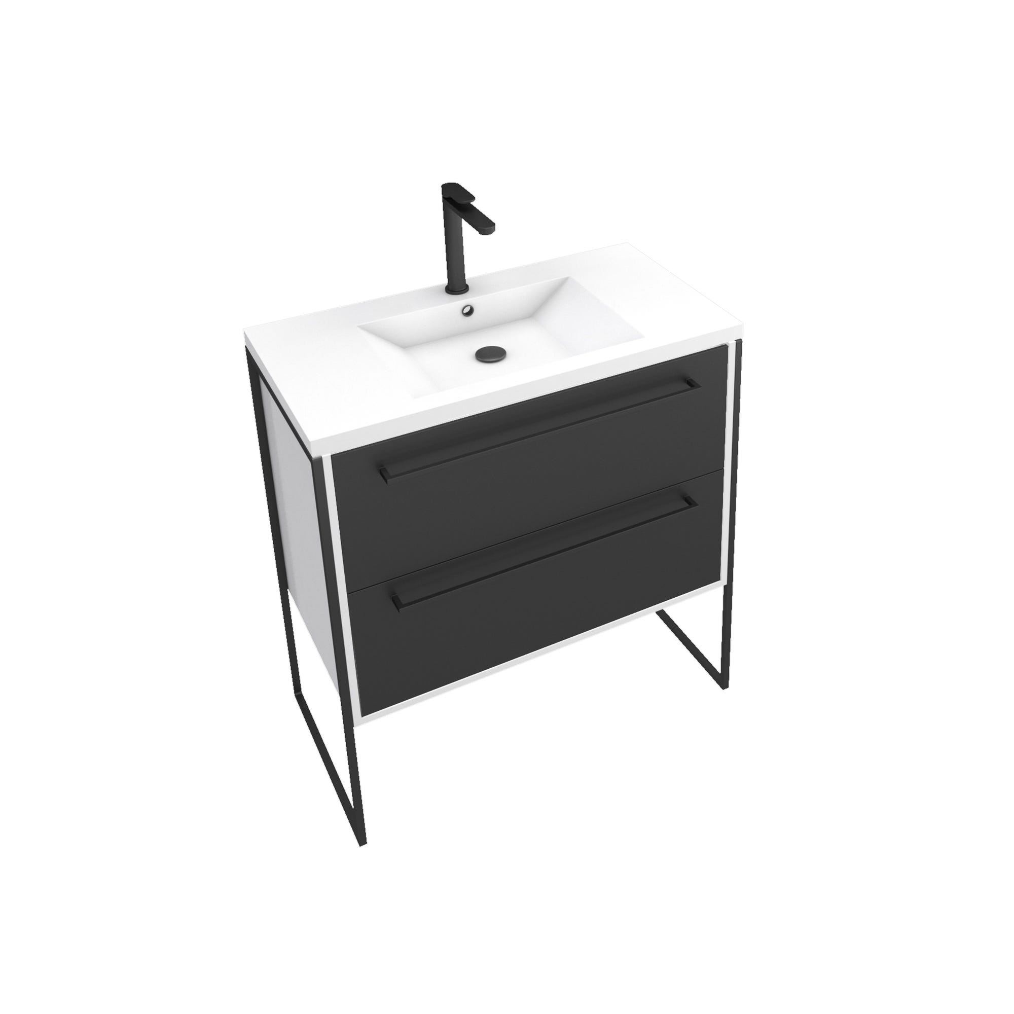 Meuble de salle de bain 80x50cm Blanc - 2 tiroirs noir mat - vasque résine blanche - STRUCTURA P021 2