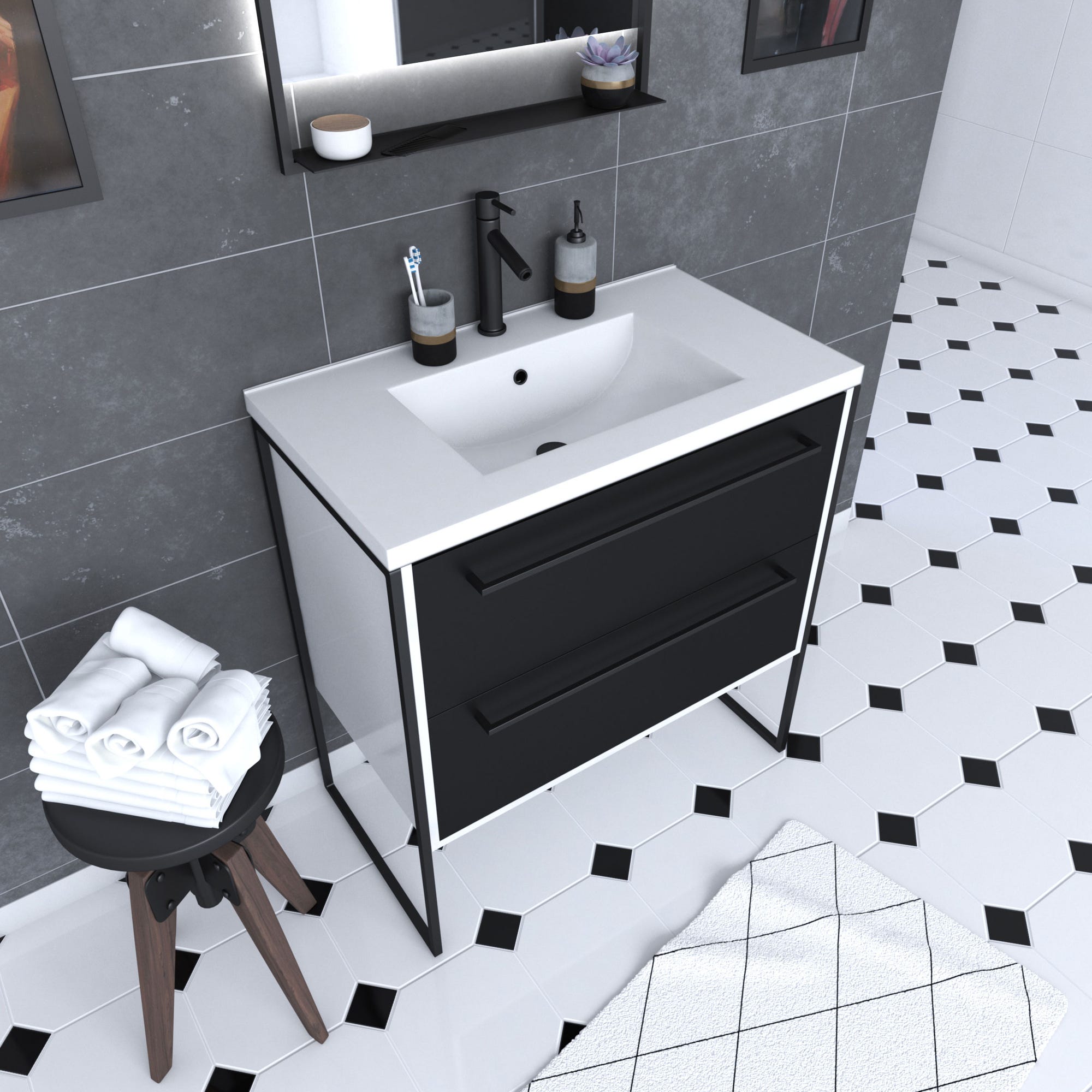 Meuble de salle de bain 80x50cm Blanc - 2 tiroirs noir mat - vasque résine blanche - STRUCTURA P021 0