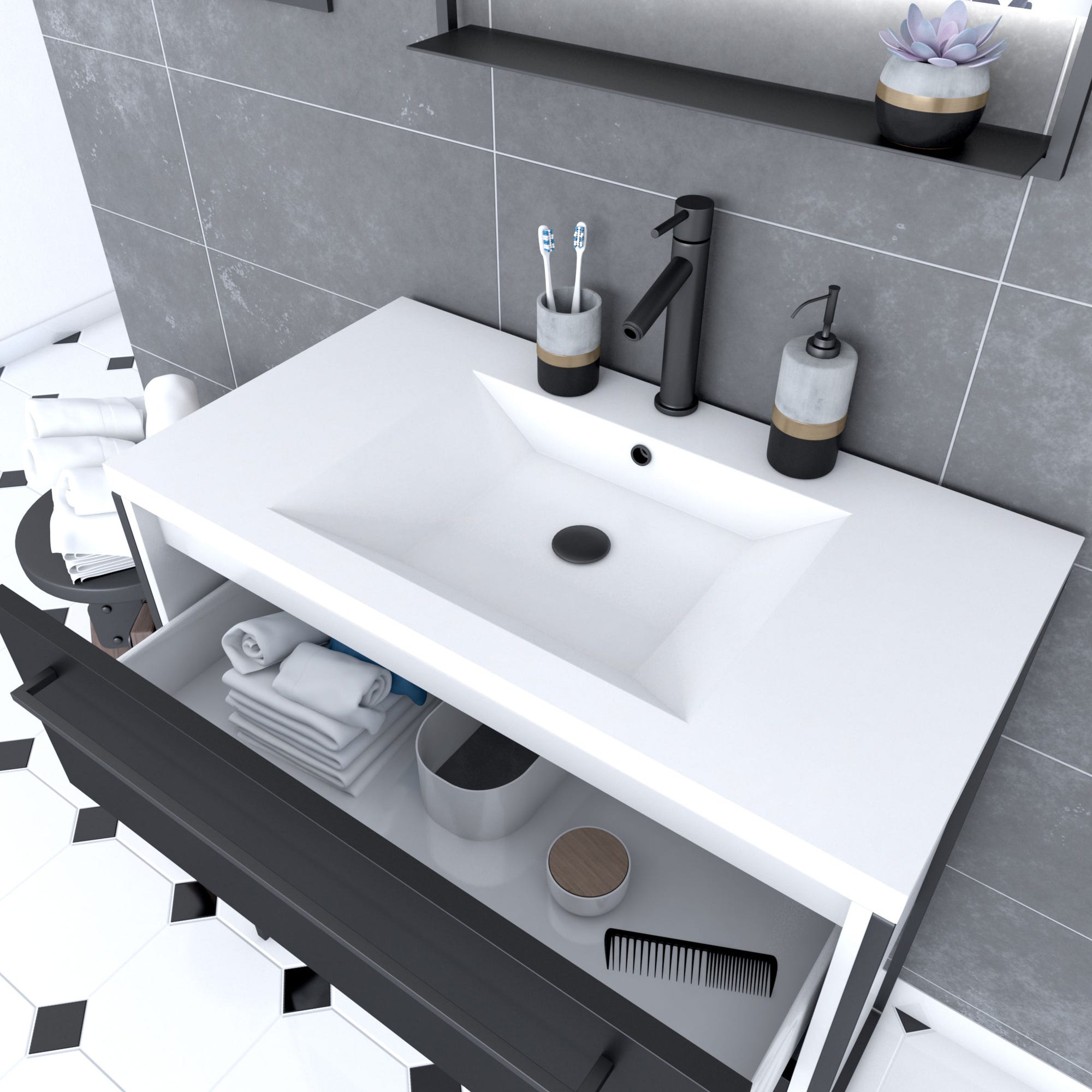 Meuble de salle de bain 80x50cm Blanc - 2 tiroirs noir mat - vasque résine blanche - STRUCTURA P021 1