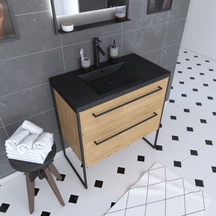 Meuble de salle de bain 80x50cm chêne brun - 2 tiroirs chêne brun- vasque résine noire effet pierre 0