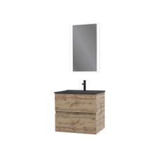 Meuble salle de bain 60x54 - Finition chene naturel + vasque noire + miroir Led - TIMBER 60 - Pack08 2