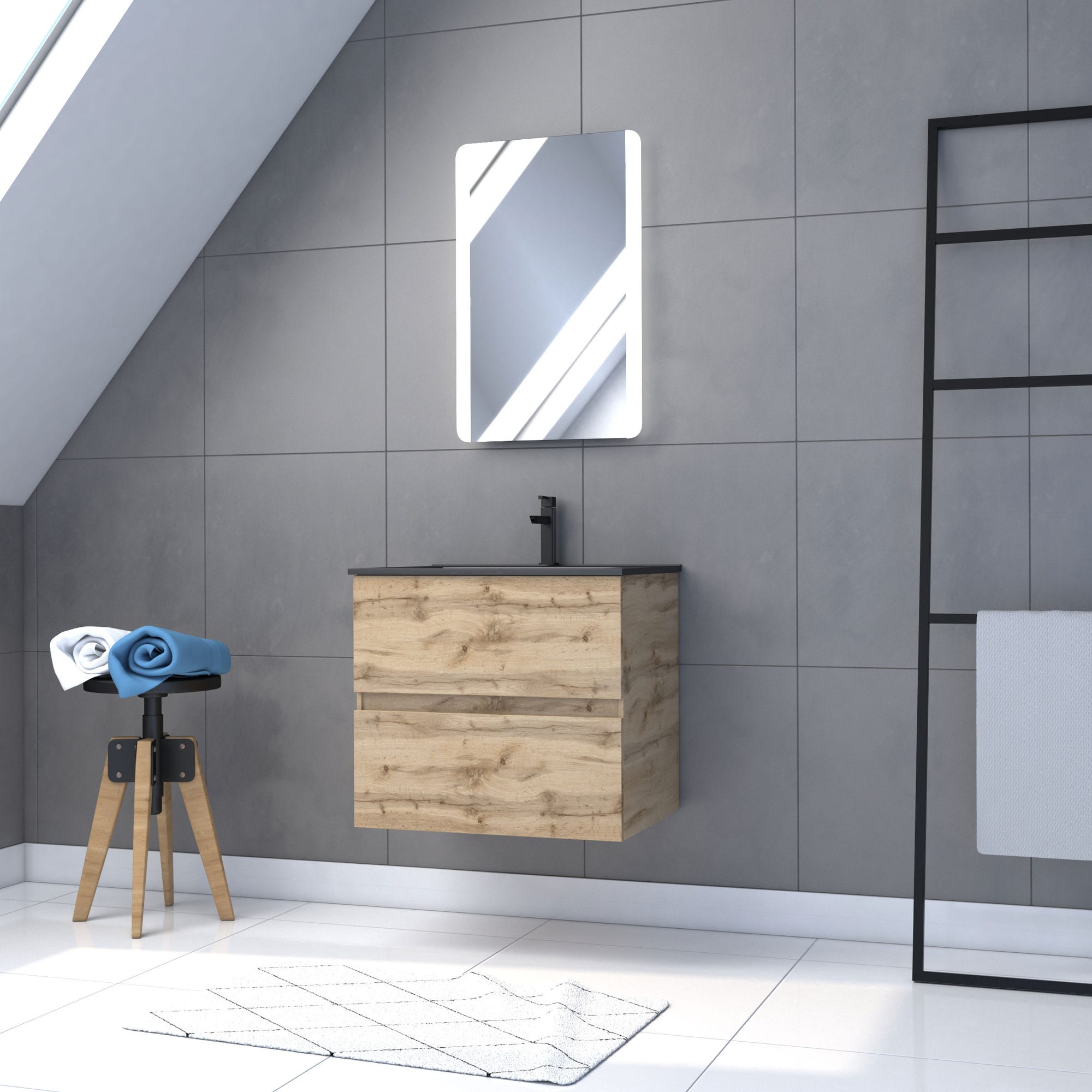 Meuble salle de bain 60x54 - Finition chene naturel + vasque noire + miroir Led - TIMBER 60 - Pack08 0