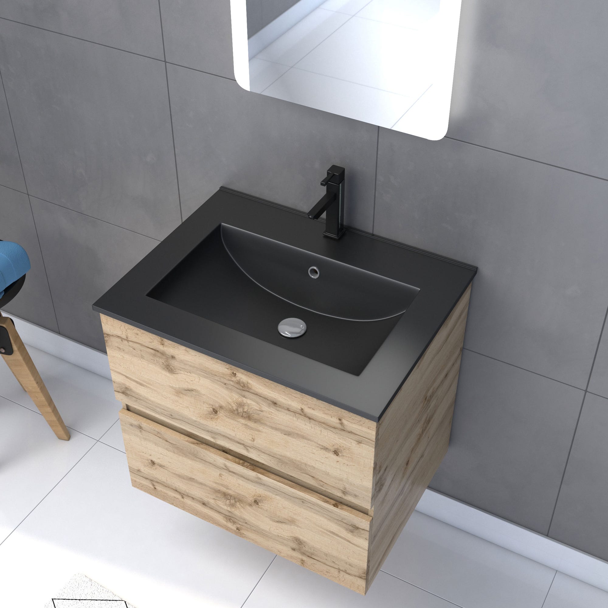 Meuble salle de bain 60x54 - Finition chene naturel + vasque noire + miroir Led - TIMBER 60 - Pack08 1