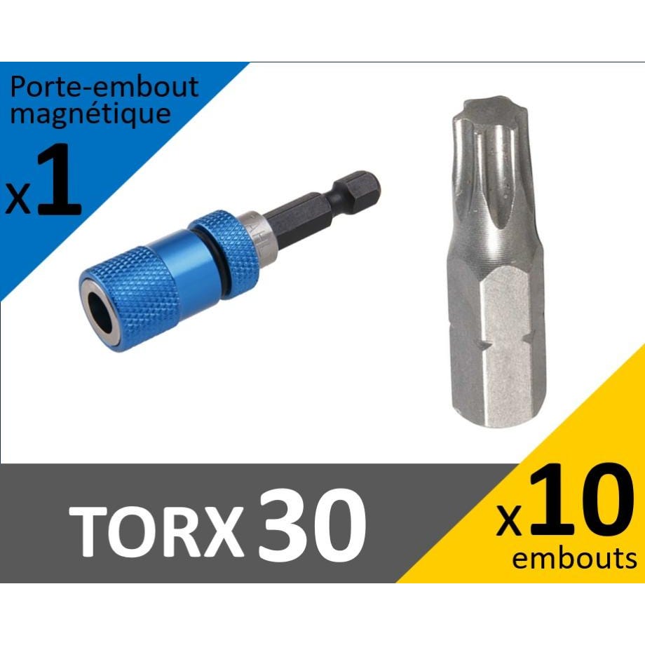 Sachet de 10 embouts de vissage TORX 30 + Porte embout magnétique 60mm 0