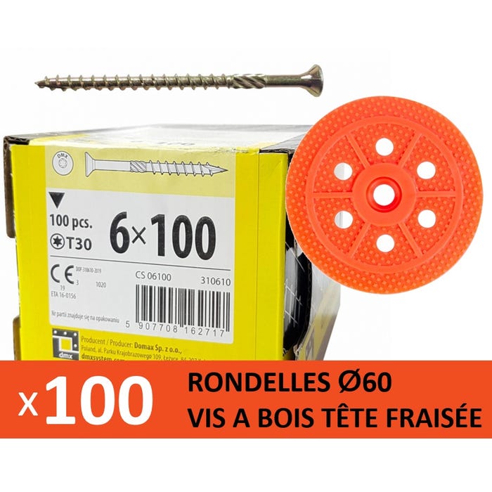 100 Rondelles d'isolation D.60 mm + Vis à bois L. 100 mm 0