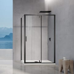 GRAND VERRE Cabine de douche pivotante avec élément fixe et paroi latérale 140x80 hauteur 195cm accessoires en noir mat 0