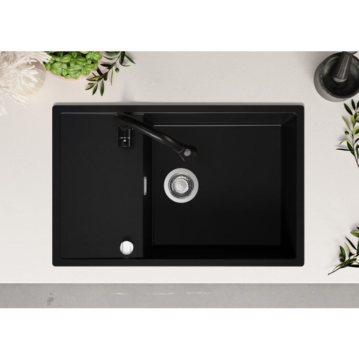 Evier Cuisine en Granit Noir, 78x50 cm, Lavabo 1 bac + Kit de Vidage Doré Pop-Up, Évier à Encastrer de Primagran 3
